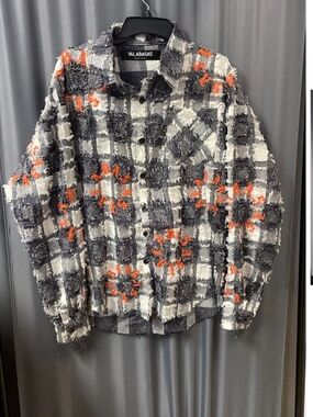 Valabasas Black White Orange Distressed Frayed Graphic Plaid Shirt
Size Medium